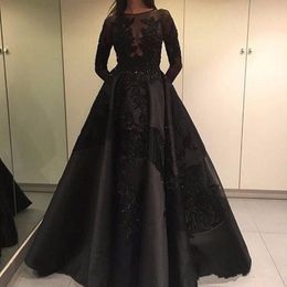 New fashion vintage black evening dresses appliques lace satin women pageant gown long sleeve formal prom party gownvestidos de festa