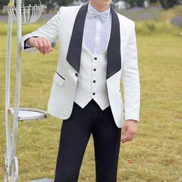 Brand New Men Suits White Pattern and Black Groom Tuxedos Shawl Satin Lapel Groomsmen Wedding/Prom Best Man ( Jacket+Pants+Vest+Tie ) L395