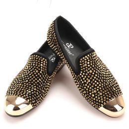 2019 New gold toe and gold crystal Male Round Toes Driving Shoes men fashion leather slippers men party and wedding dress shoes men's flats