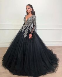 Robe De Soiree Elegant Long Evening Dresses V-neck Illusion Appliques Beading Long Sleeves Formal Party Dresses Vestidos