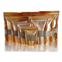 Gold Silver Stand Up Aluminium Foil Bag With Clear Window Zipper Top Pack Bags Coffee Nut Candy Storage Package Bag QW9758