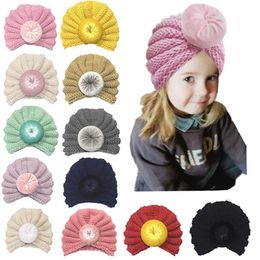 Wholesale Winter Autumn Girls Boys Knitting Wool Elastic Hats Infant Turban Hats Creative Baby Kids Warmer Knit Cute Ball Caps DH822