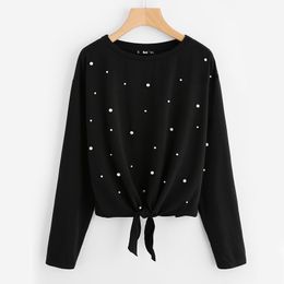 Pearl Beaded Knot Front Cute Tee Shirt Black Casual T Shirt for Women Long Sleeve Round Neck Women's Clothing T-Shirts