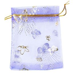 10x12cm 100pcs/lot Purple Butterfly Print Wedding Candy Bags Jewellery Packing Drawable Organza Bags Party Gift Pouches