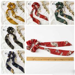 Floral Hair Scarf Vintage Women Bow Hairband Scrunchies Hair Bands Flower Ribbon Headband Girls Hair Accessories 5 Designs 100pcs