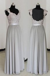 2019 Silver Country Bridesmaid Dresses Sweetheart Cap Sleeve Lace Pleats Ruched Long Party Dress Formal Gowns Chiffon Wedding Guest Dress