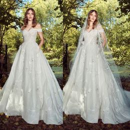Elegant Zuhair Murad A Line Wedding Dresses Off Shoulder Sleeveless Lace Applique Sequins Wedding Gowns Sweep Train robe de mariée