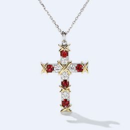 Fine Jewelry Christianity Cross Pendants Ruby 5A Zircon Cz Real 925 Sterling silver Wedding Pendant with Necklace for women Gift
