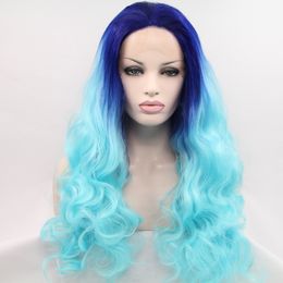 Hand Tied Body Wave Ombre Blue Hair brazilian Hair Wigs cosplay party Synthetic Lace Front Wigs for Women