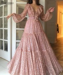 Dazzling bling bling Sequined Arabic Evening Dress 2020 Blush Pink A-Line Long Sleeves Prom Dresses deep V-Neck Ruffles Sexy Evening Gown