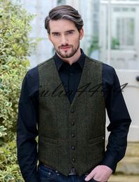 2019 New Country Farm Wedding Wool Herringbone Tweed Vests Green Groom Vest Slim Fit Mens Suit Vest Prom Wedding Waistcoat Plus