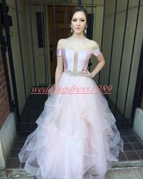 Charming Light Pink Tiered Prom Dresses With Beads Sash Tulle A-Line African Robe De Soiree Long Party Wear Special Occasion Evening Gowns