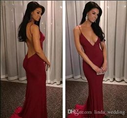 2019 Cheap Simple Burgundy Long Mermaid Prom Dress V Neck Open Back Formal Holidays Wear Graduation Evening Party Gown Custom Made Plus Size