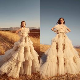 A Line Tulle Wedding Dresses Tiered Skirts Strapless Wave Details Ruffles Bridal Gowns Sweep Train Wedding Dress