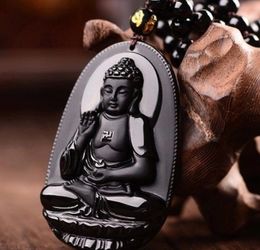 Black 100% Natural A Obsidian Carved Buddha Pendant Giving black rope gift Guanyin