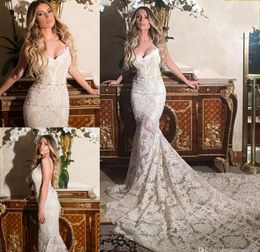 Stunning 2019 New Lace Mermaid Wedding Dresses Spaghetti Neckline Beaded Pearls Sash Wedding Dress Sweep Length Backless Bridal Gowns 1367