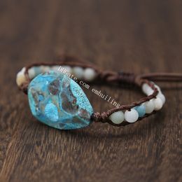 10Pc Faceted Aqua Blue Natural Ocean Jasper Stone Single Beaded Leather Wrap Bracelet Boho Chic Jewellery Bohemian Weaving Adjustable Bracelet