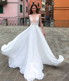 Cheap A Line Lace Beach Wedding Dresses Sheer Deep V Neck Beaded Bohemian Bridal Gowns Appliqued Sweep Train Chiffon robe de mariée