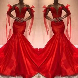 Red Organza Tassel Mermaid Party Prom Dresses 2020 Off The Shoulder Open Back Evening Gowns Elegant Formal Dress Vestidos De Festia