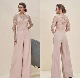Modest Jumpsuits Lace Mother Of The Bride Pant Suits Bateau Neck Half Sleeves Wedding Guest Dress Chiffon Plus Size Mothers Groom 302R