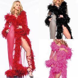 sexy wedding robes vneck long sleeve feather illusion night gown for women tulle floorlength long Pyjamas sleepwear custom made