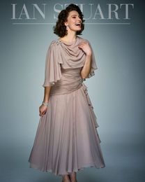 Champagne Beaded Chiffon Mother of the Bride Dresses With Shawl V Neck Pleated Wedding Guest Dress Tea Length Plus Size Formal Gowns