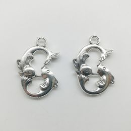 100pcs cute double fish antique silver charms pendants Jewellery DIY Necklace Bracelet Earrings accessories retro style 24*18mm Customise