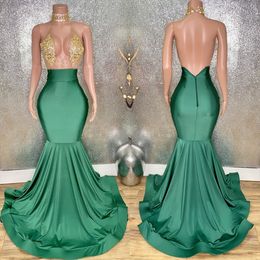 Hunter Beaded Mermaid Backless Prom Dresses Deep V Neck Sequined Appliqued Evening Gowns Plus Size Sweep Train Satin Formal Dress