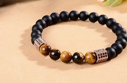 micro copper tube UK - 8mm uk54 silver gold copper tube micro pave cz zircon cubic zirconia Bracelet yellow Tigereye black Frosted agate Onyx bead