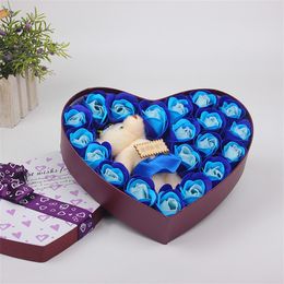 San Valentín Oso de peluche en forma de corazón Artificial Rose Craft 20pcs Novia Color delicado Jabón Flor Big Bowknot caja de regalo 8 5pg Ww