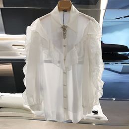 New Design Women's Turn Down Collar Star Rhinestone Tassel Pin Patchwork Long Sleeve Ruffles White Chiffon Blouse Shirt Tops Plus Size L XL