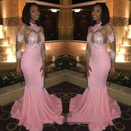 2019 New Custom Made Pink Prom Dresses Jewel Neck Illusion 3/4 Lace Long Sleeves Ruffles Sweep Train Mermaid Evening Special Occasion Gowns