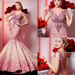 Gorgeous Pink Mermaid Prom Dresses 3D Floral Appliques Ruffle Crystals Luxury Evening Gowns Handmade Major Beading robes de soirée