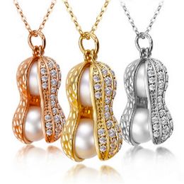 Fashion Peanut crystal necklace Fake imitation Natural pearl Pendant Gold Silver Rose Gold chain For women Jewellery Gift