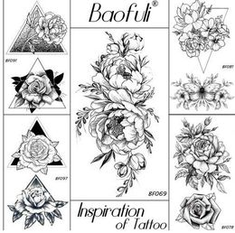 BAOFULI 20 Styles Women Black Flowers Tattoo Transferable Fake 3D Body Art Tatoos Neck Arms Sleeve Rose Temporary Tattoo Sticker