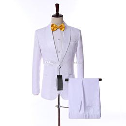 Popular Side Vent One Button White Paisley Groom Tuxedos Shawl Lapel Slim Fit Groomsmen Wedding Men Party Suits (Jacket+Pants+Tie) NO:2185