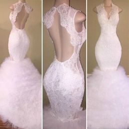 Hot Selling V-Neck Applique Hollow Back Mermaid Prom Dresses White Organza Tiers Party Gowns Vestido de fiesta Plus Size Evening Dress