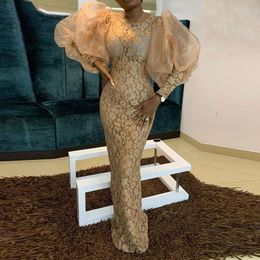 Aso Ebi Vintage Gold Lace Evening Dresses 2020 New Mermaid Floor Length Puffy Long Sleeve African Women Formal Dress Prom Gowns