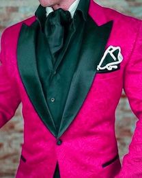 Custom Made Men Suits Red Pattern and Black Groom Tuxedos Shawl Satin Lapel Groomsmen Wedding Prom Man Jacket Pants Bow Tie186r