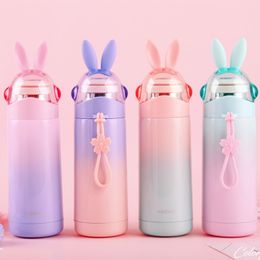 Stainless Steel Water Bottle Rabbit Cap Sport Water Bottle Student Girl Insulated Vucuum Mug with Rope 350ml