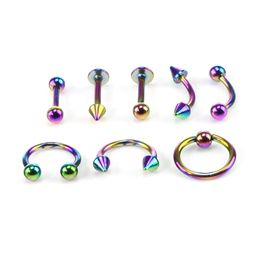 Mixed 8pcs/set 316L Stainless Steel Eyebrow Tongue Navel Nails Nose Ear Studs Lip Nipple Rings Body Piercing Jewellery 4 Colours