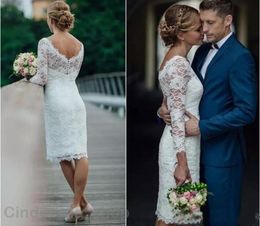 2018 Short Lace Wedding Dress Bateau Backless 3/4 Long Sleeve Sheath Illusion Bodice Knee Length Beach Country Bridal Gowns Cheap