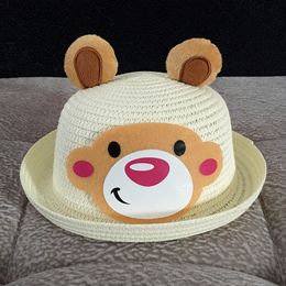 Children Straw Hat Cute Summer Ear Decoration Sun Hats for Kids Girls Boys Solid Floppy Beach Cap Panama by hope12