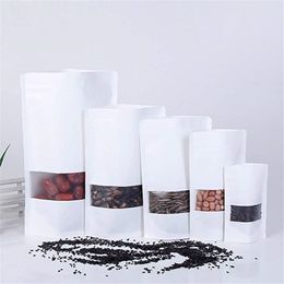 White Kraft Stand Up Bags Reusable Zipper Paper Bag with Window For Snack Cookie Moisture proof Packing bag