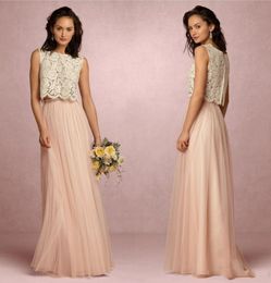 Country Style Blush Pink Two Pieces Lace Bridesmaid Dresses Soft Tulle Sheer Maid Of Honor Full Length Long Evening Gowns HH278