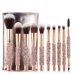 Diamond luxury Makeup Brushes Set 10pcs Gold Foundation Blending Powder Eye Face Brush with Case Professional Make up Tool Kit