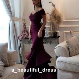 Elegant Burgundy Long Mermaid Prom Dresses Little Split Ruffles Evening Gowns V-neck Off The Shoulder Formal Party Dress ED1287