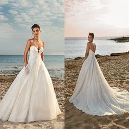 Glitter A-line Wedding Dresses Sleeveless Sexy Strapless Backless Appliqued Lace Sequins Bridal Gowns Sweep Train Robes De Mariée Cheap