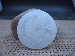 Natural carved Calcite jade Chinese round ship FU necklace amulet luck white jade with certificate together