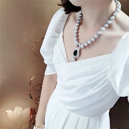 Beautiful 9-10mm Grey freshwater pearl micro inlay zircon accessories pendant necklace long 45cm